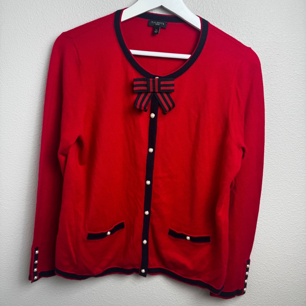 Talbots Charm Cardigan Sweater LP Red Pearl Button Bow Detail Cashmere Blend - Picture 8 of 8